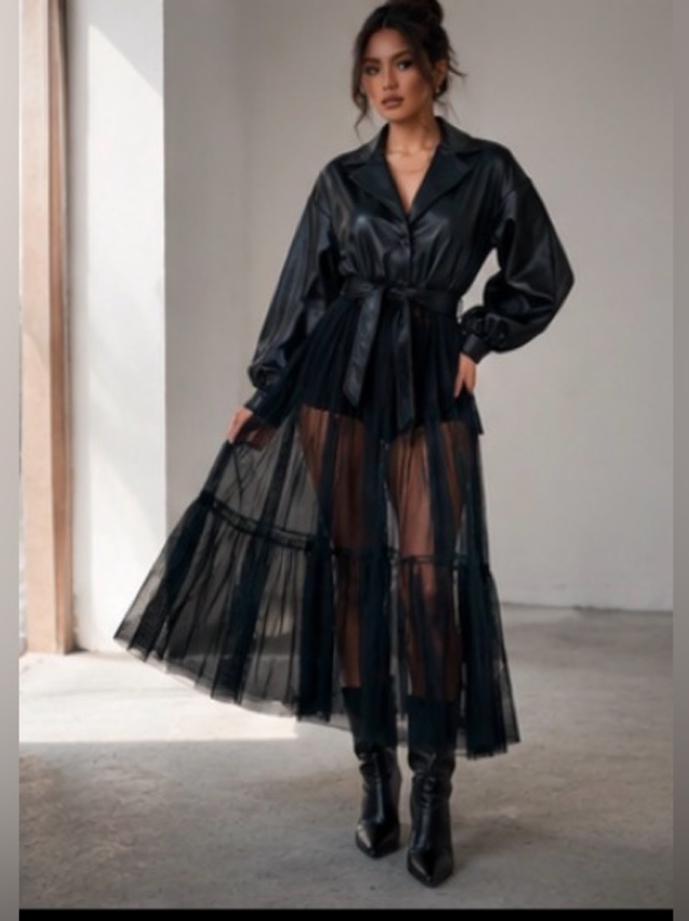 AKIRA Faux Leather & Sheer Chiffon Trench Coat Dress Black Sz S Edgy Gothic - Picture 2 of 12